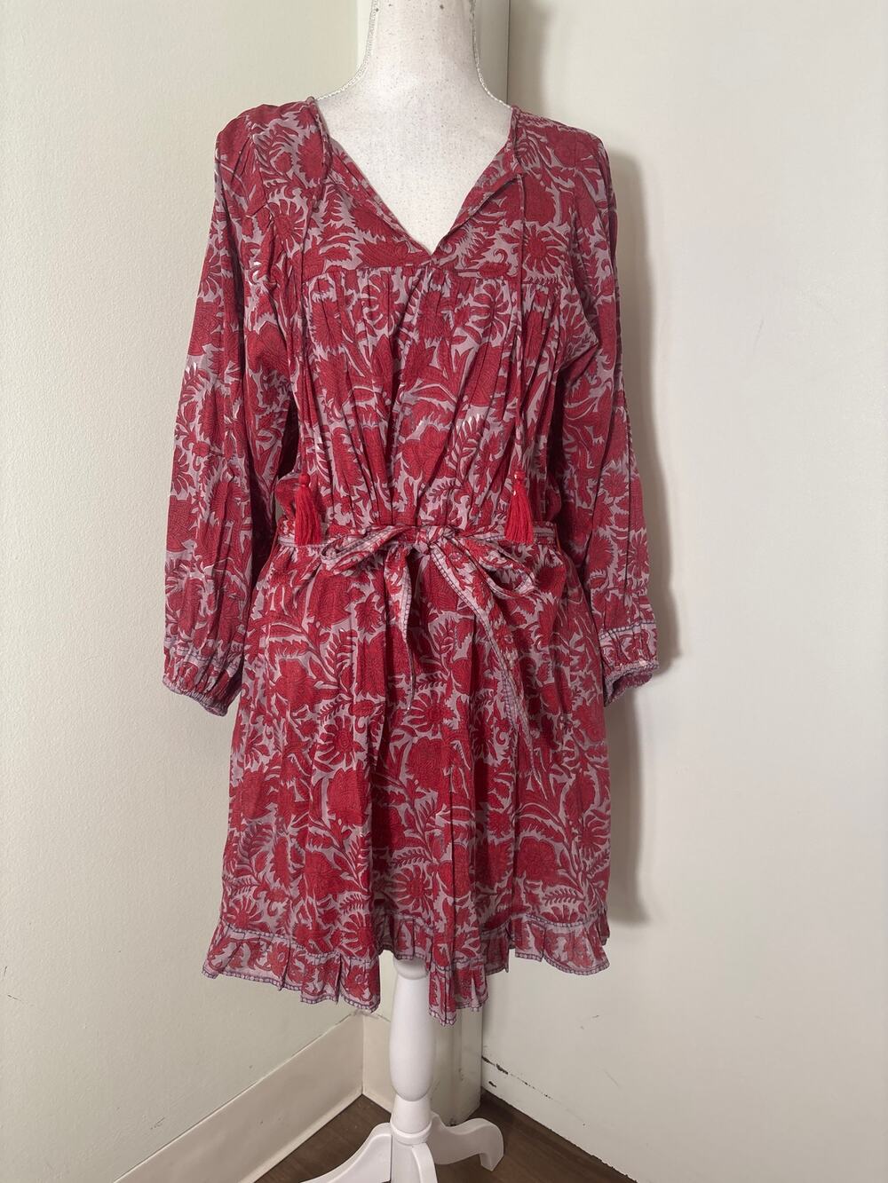 Cleobella Red Floral Block Print Mini Dress Sz L